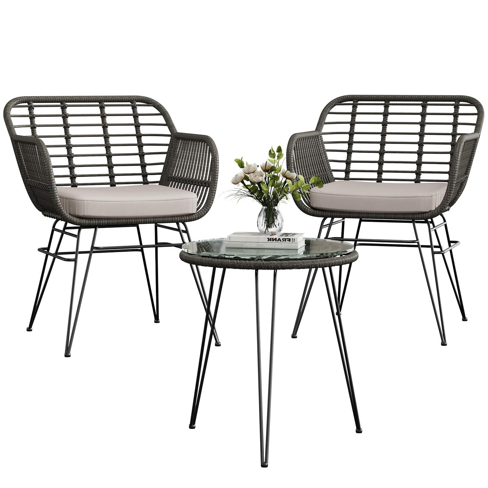 Acekool Outdoor Rattan Sitzgruppe, Möbel Für 2 Personen, 3-TLG. Bistroset, Balkonmöbel, Gartenmöbel Set Mit 2X Stühle + Balkonmöbelset für Garten, Terrasse, Balkon -Grau & Beige