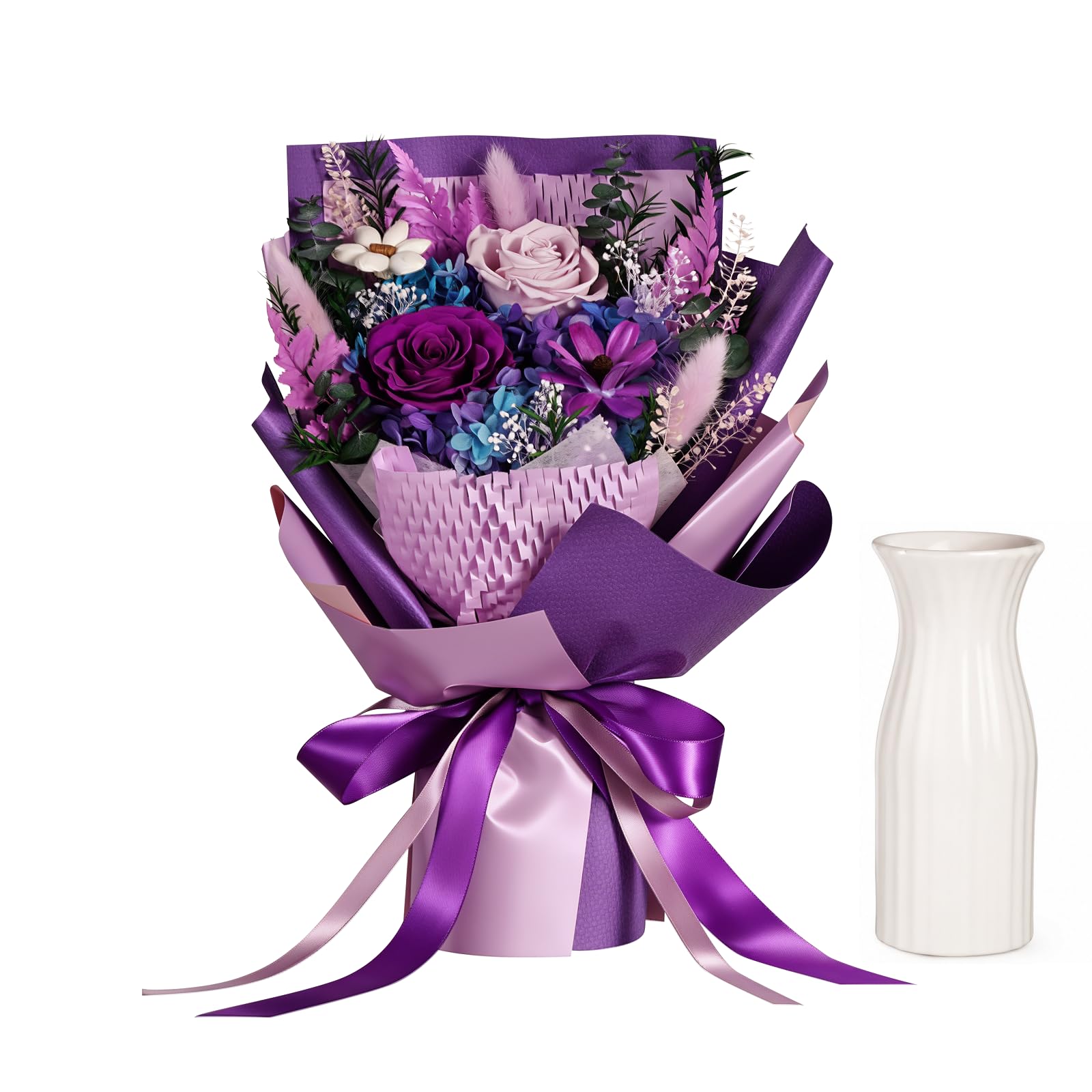 Preserved Flower Bouquet, Red Eternal Real Rose with Vase, Home Decor Natural Genuine Rose Lasts 1-3 Years, Valentine's Day Mother's Day Anniversary Christmas Birthday Gifts for Women Her (Purple)