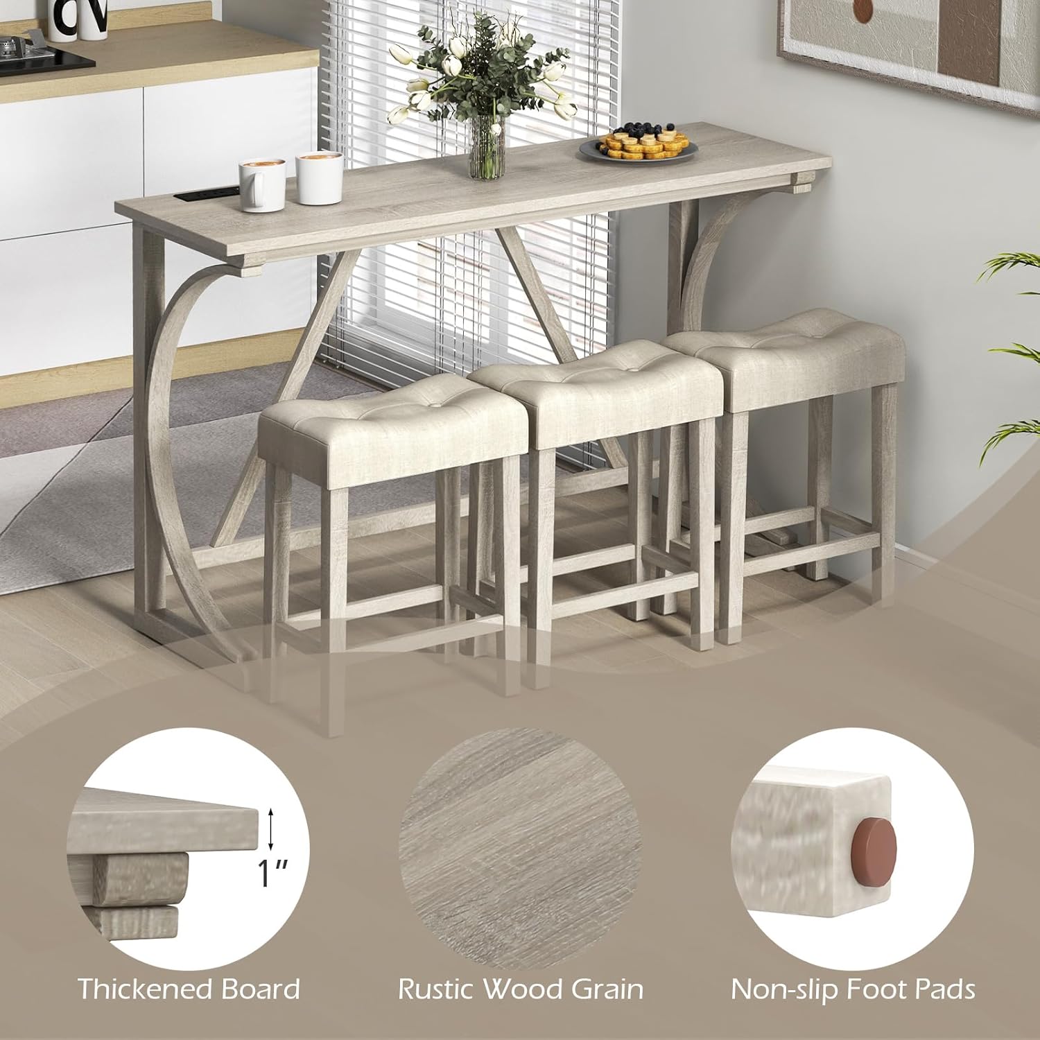 COSTWAY 4-Piece Farmhouse Bar Table Set with Power Outlet, Counter Height Dining Table Set w/ 3 Upholstered Stools, Wood Console Table Set Bistro Table Set for Kitchen, Dining Room, Living Room image 7 of 9 B0D9NGZQRR