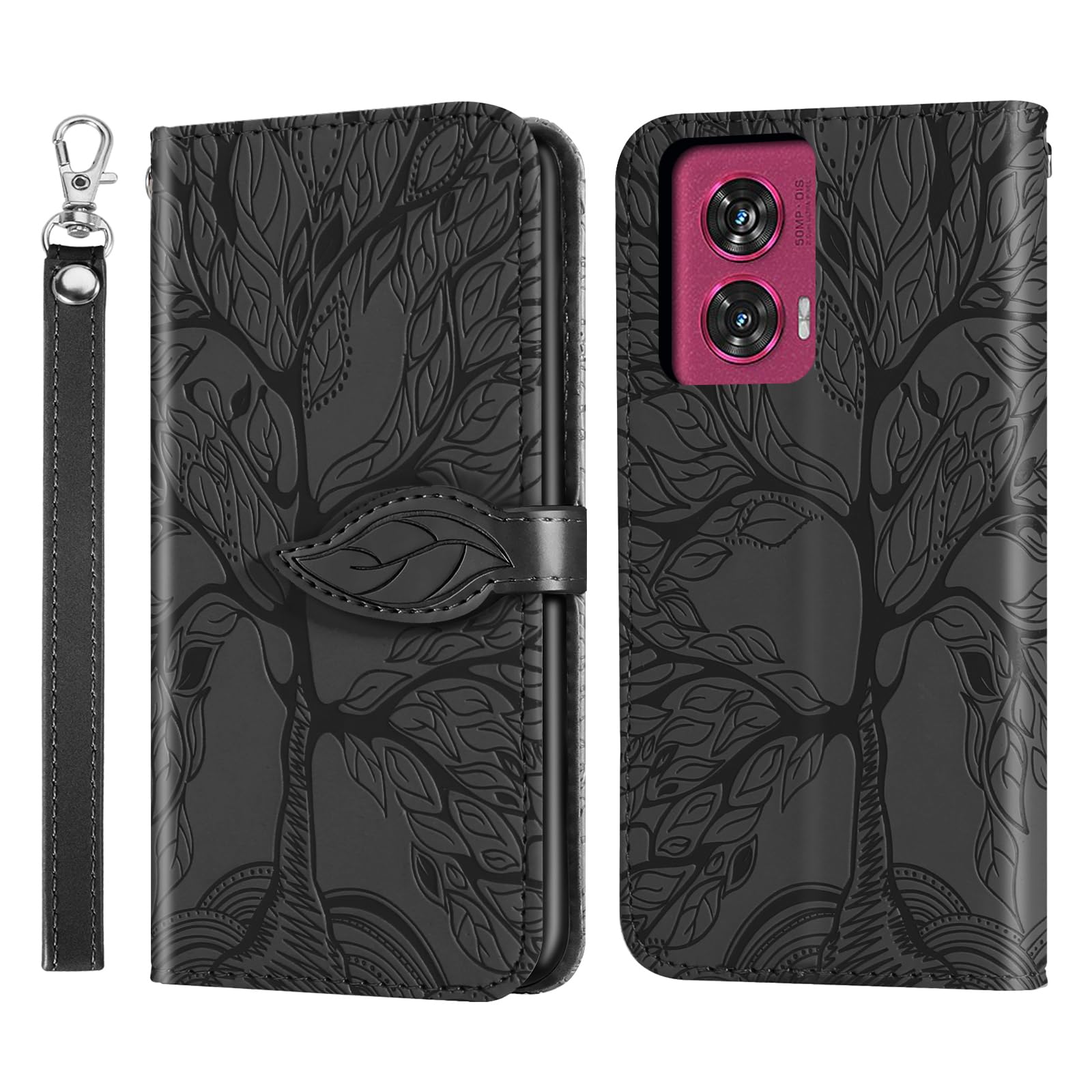Etui na telefon Motorola Edge 50 Fusion Presowane drzewo PU skóra Motorola Edge 50 Fusion Flip Etui Portfel Torba Etui na Motorola Edge 50 Fusion Czarny