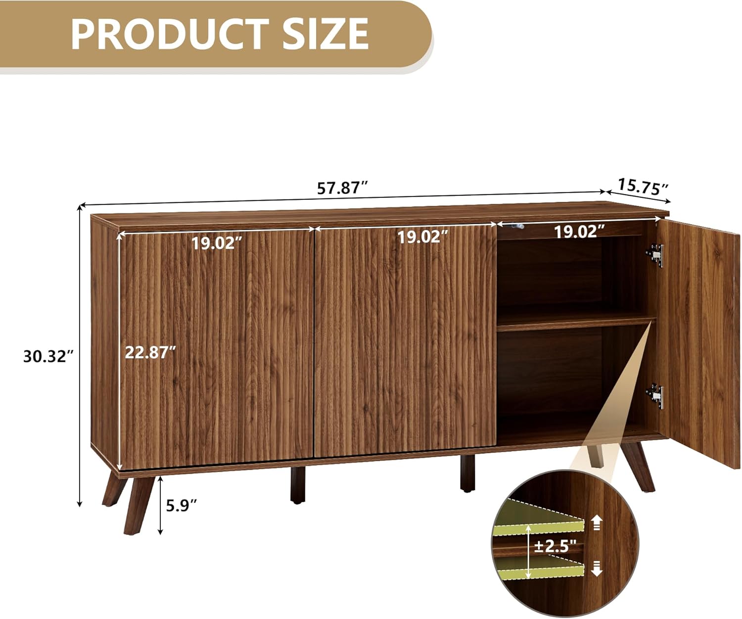 Product dimensions diagram showing width, depth, and height of the cabinet.
