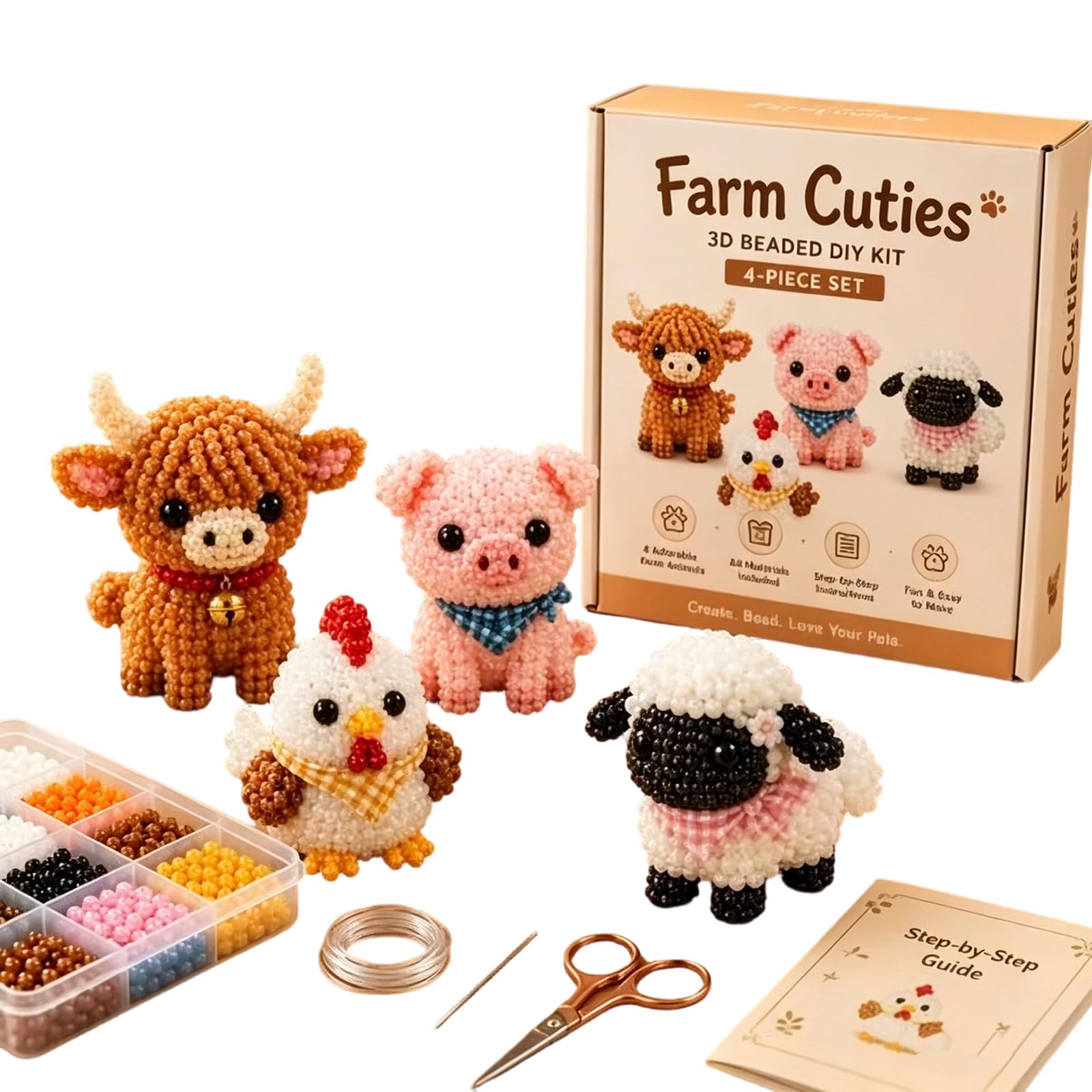 ​3D Beaded Animals, Bead Embroidery Kits, Crafts for Adults, Farm Cuties 3D Beaded DIY Kit, Creative ABS Bead Set with Instructions, Handmade Art Gift for Teens Beginners