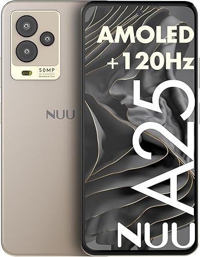 NUU Teléfono celular Android desbloqueado A25, perfecto para fotografía de cámara, SIM dual 4G, FHD amoled de 6.7 pulgadas, frecuencia de