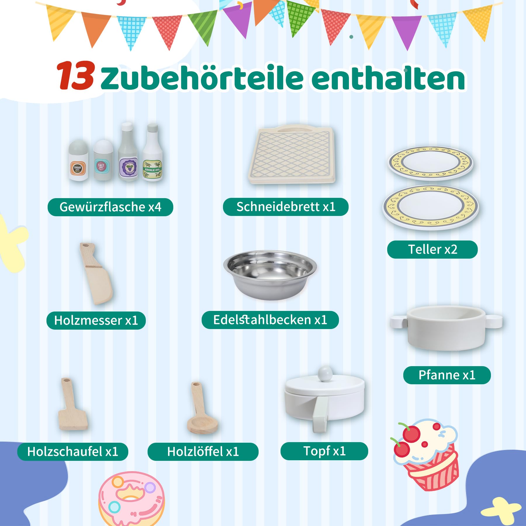 Kinderküche aus Holz mit Zubehör, Spielküche für Kinderzimmer, inkl. Herd, Ofen, Mikrowelle, Kühlschrank, Wasserhahn und Kochgeschirr – Kinderküche Holz Spielset für Rollenspiele, Mittelgrau