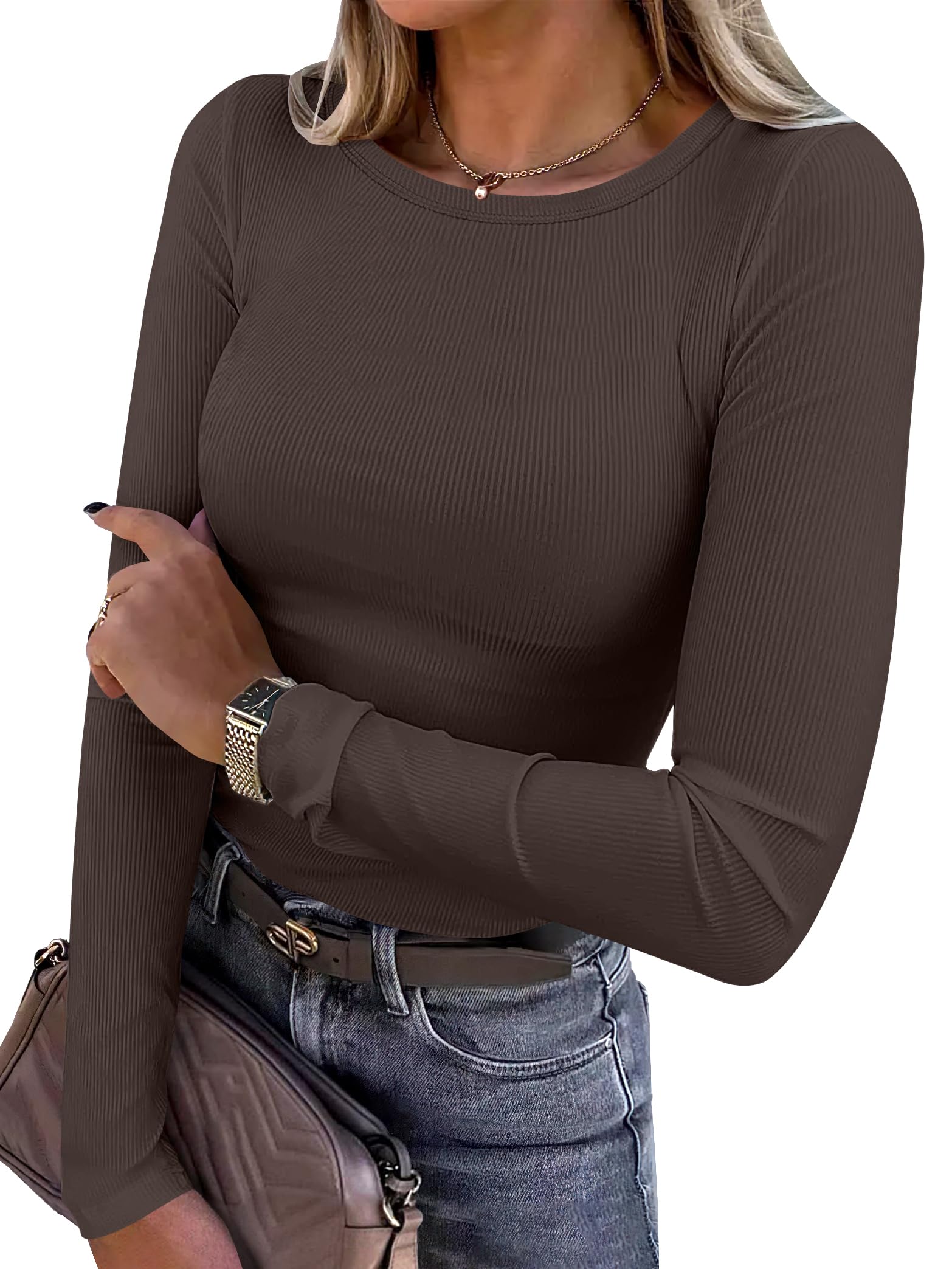 ANRABESS Women Long Sleeve Shirts Rib Knit Slim Fit Tops Basic Tee Spring Outfits Casual T-Shirt Underscrubs Layer Clothes