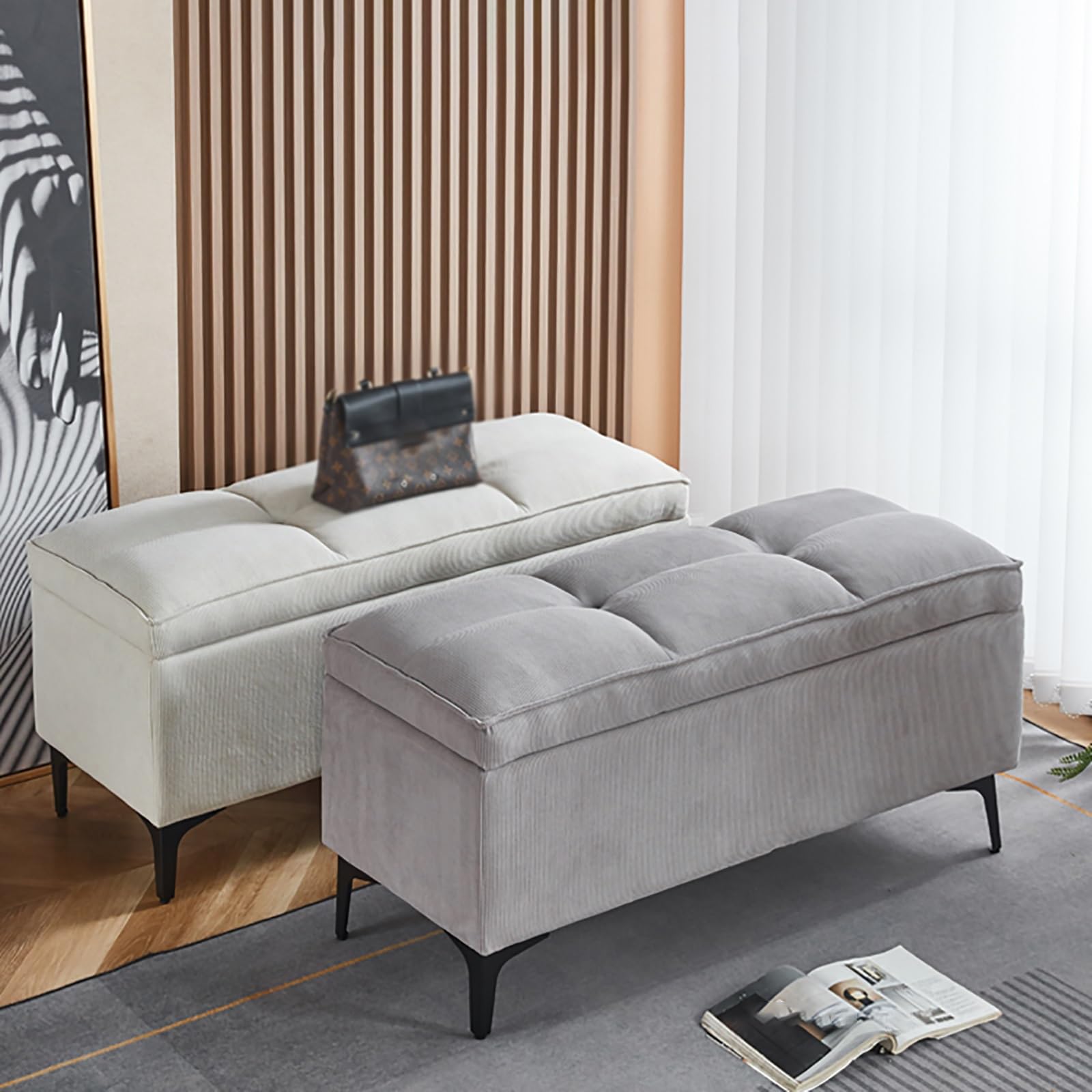 Bancos de Almacenamiento de Pana, Banco de Entrada, Puff Almacenaje al Pie de la Cama, para Dormitorio, Guardarropa y Sala de Estar(Gray,47.2in/120cm)