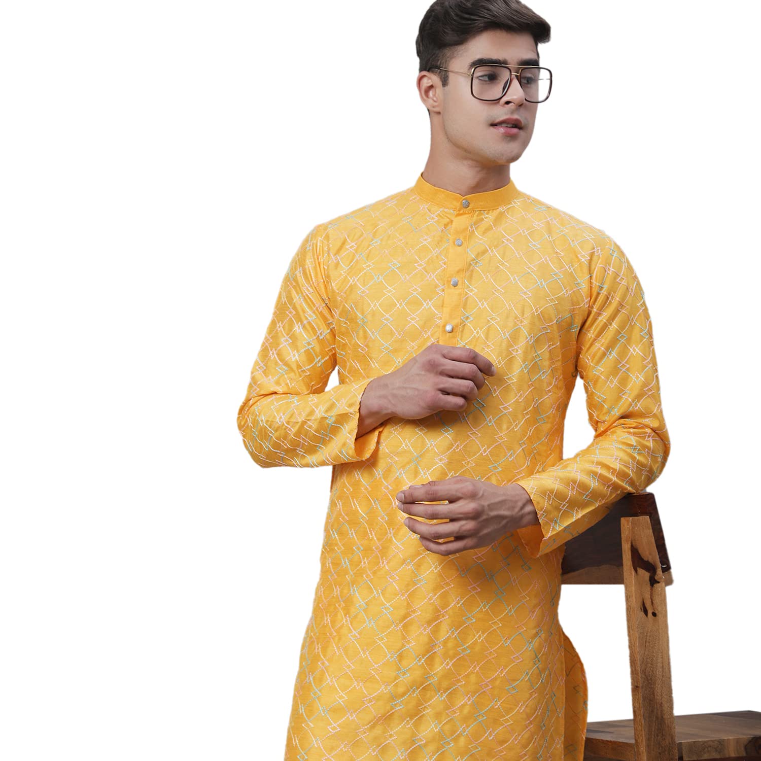 Sojanya (Since 1958 Men's Silk Blend Mustard Kurta With Multi Color Embroidery