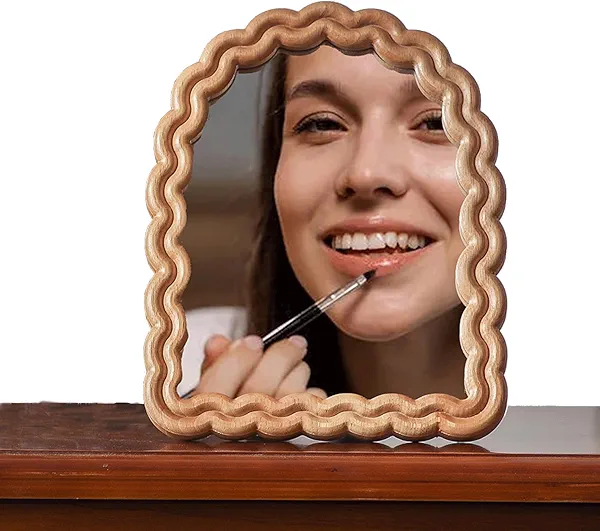 HuiDao Vanity Table Mirror, Mirror for Desk with Stand Decorative, Wood Dressing Makeup Mirror for Countertop, Bedroom, Bathroom, Living Room