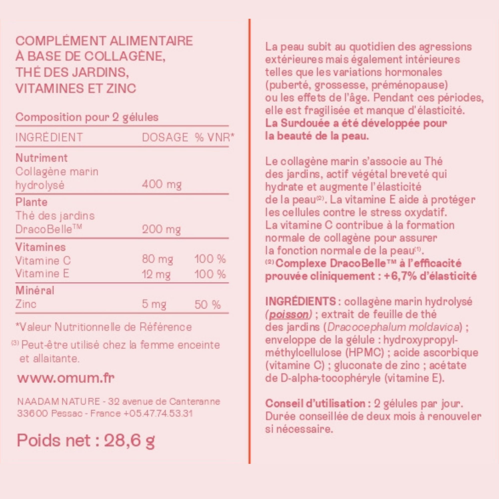 OMUM - La Surdouée - Complément Alimentaire au collagène marin - Elasticité, hydratation beauté de la peau - Compatible grossesse et allaitement, sans gluten ni gélatine - 60 gélules 1 mois de cure