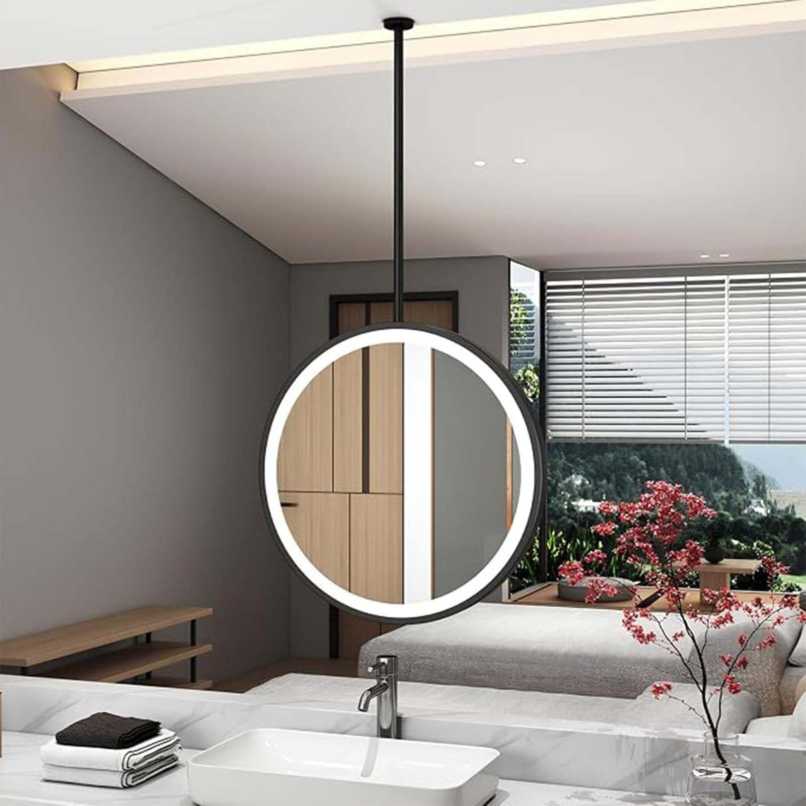 THEGA Ceiling-mounted Mirror With Light For Bathroom, Ceiling Round Hanging Mirror Suspended With Light Touch Button, Bedroom Hallway Living Room Lighted Boom Mirror