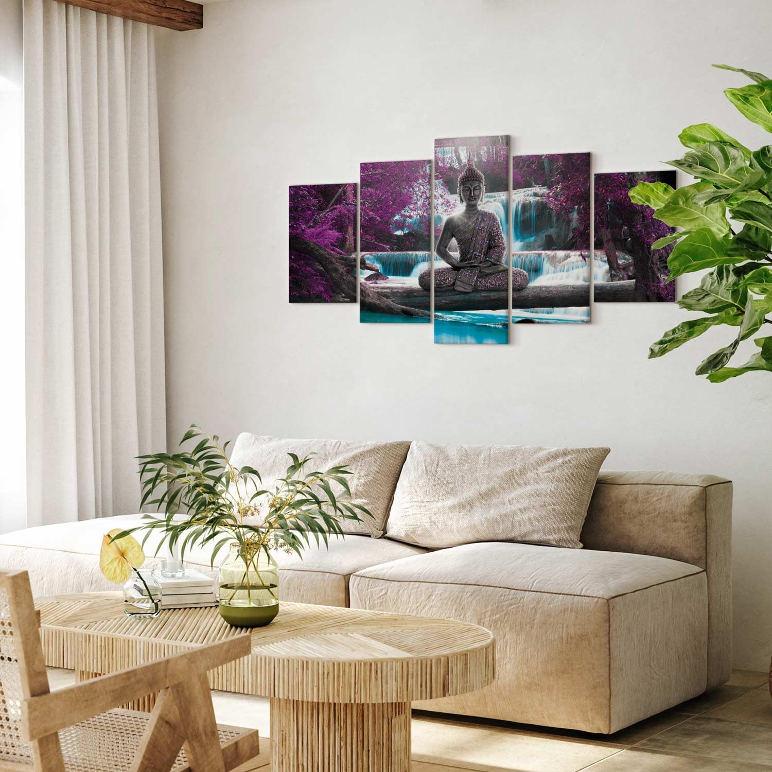 Cuadros B&D XXL - Cuadro en Lienzo Buda 200x100 cm 5 Piezas Grande Cuadros decorativos Decoracion Decorativo para Pared salon modernos dormitorios Oriente Zen Cascada c-A-0021-b-o