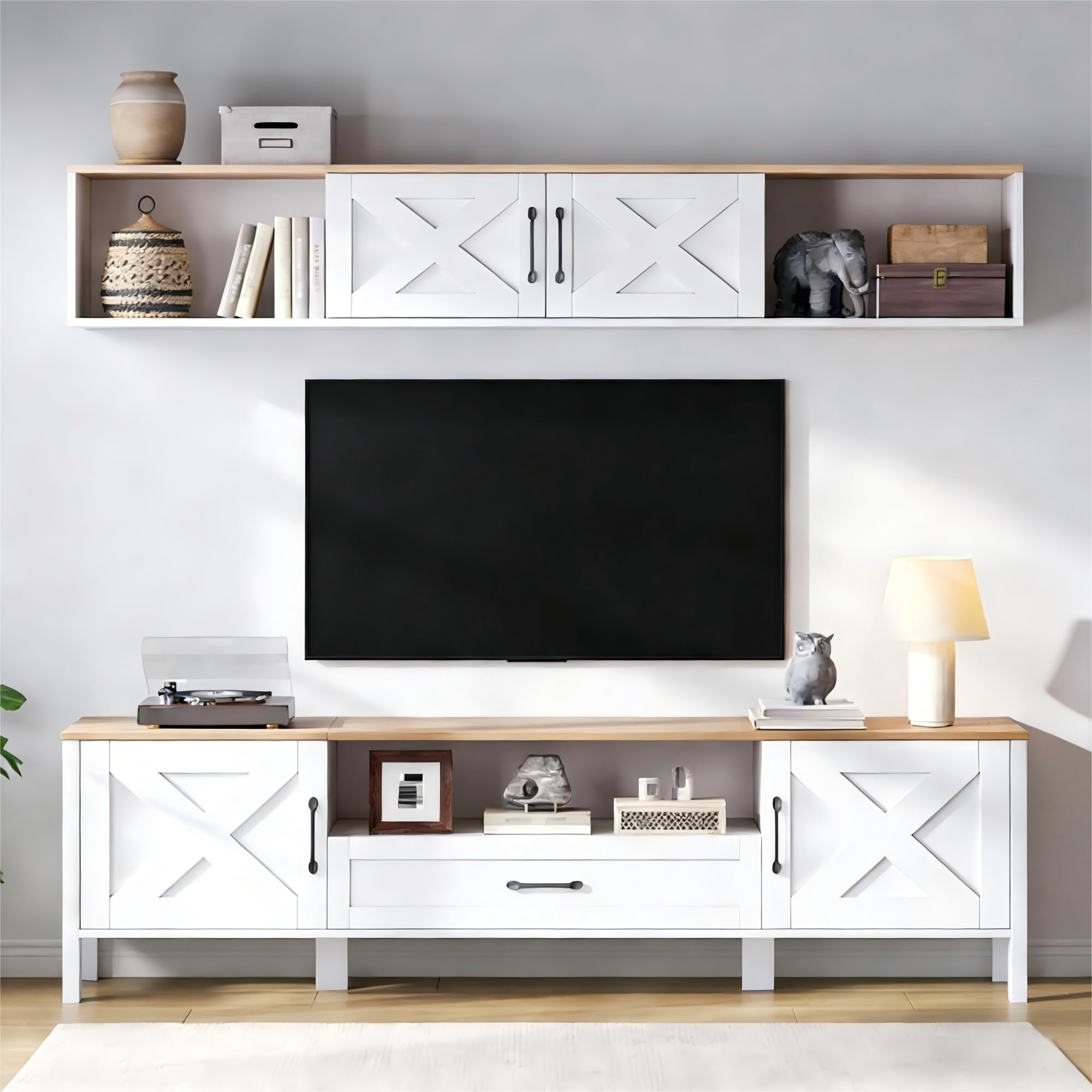 Conjunto de Muebles de Salón Juego de Mueble para TV de 2 Piezas, Mueble de Comedor con 4 Puertas y 1 Cajón, Mesa de TV 180cm, Mueble TV de 80 Pulgadas, 180x40x50 cm, Blanco