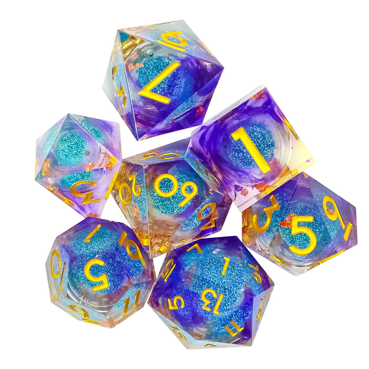 Sarini 7-teiliges Würfelset mit Flüssigkern und Kunstharz,scharfe Kanten,polyedrische DND-Würfel für Dungeons and Dragons,RPG,MTG-Tischspiele (Dunkelblau)