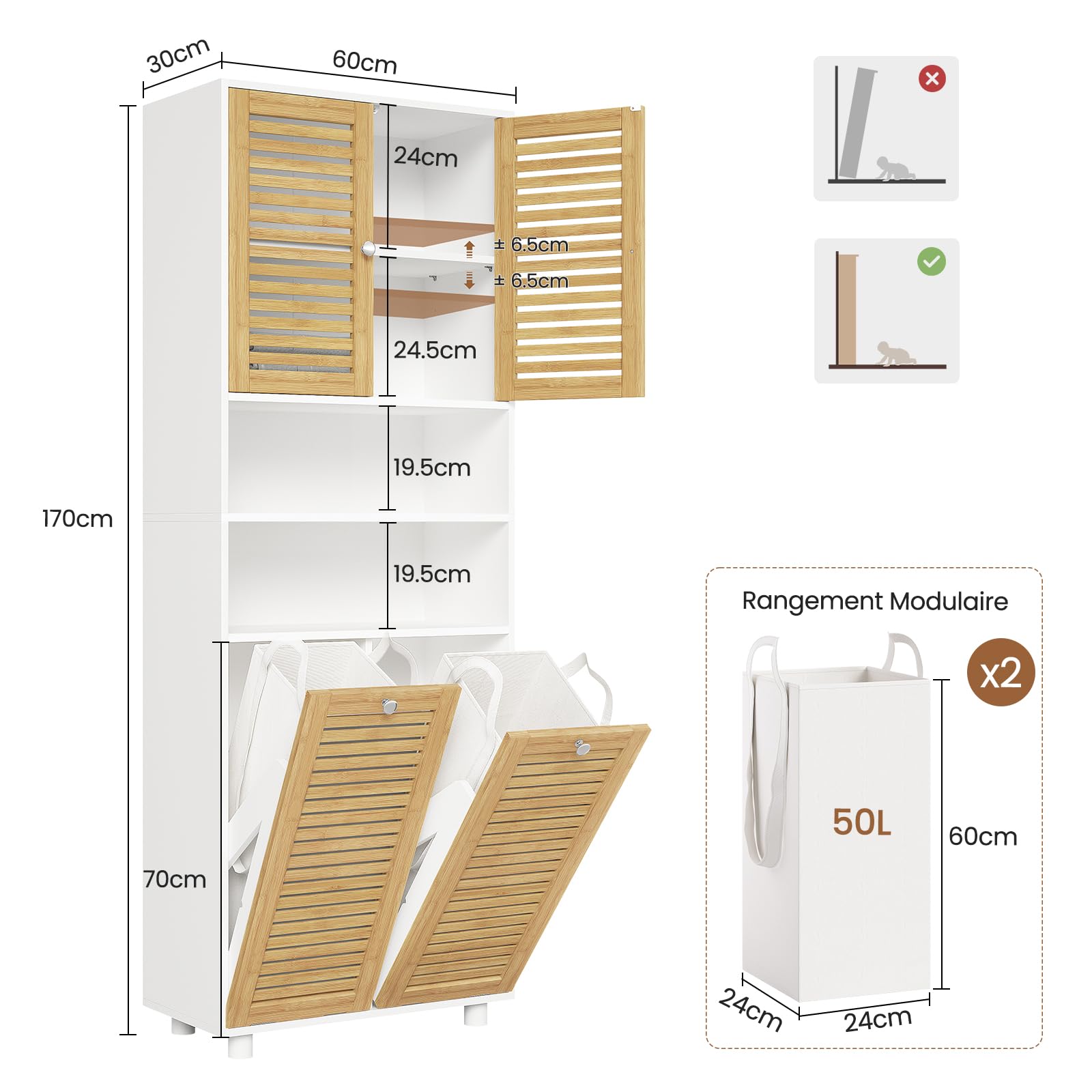 Badezimmerschrank mit Wäschekörbe, Badschrank mit 3 offenen Fächern und 2 Wäscheboxen, herausnehmbarer Wäschesack mit Griffen, Badezimmer Hochschrank mit verstellbare Ablage, 60 x 28 x 170 cm