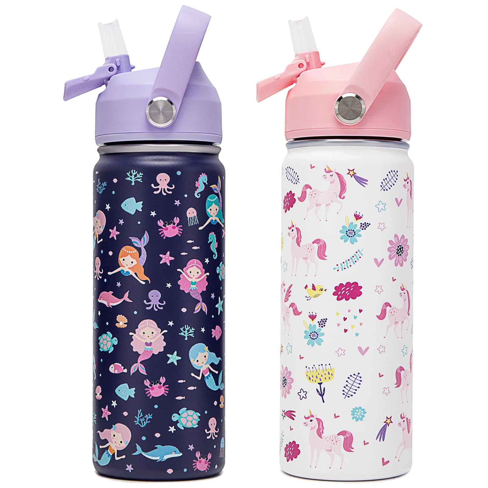 ACESAK 18oz Kids Insulated Water Bottle with Straw Lid - 18/8 Stainless Steel Kid Cup BPA-FREE Travel Tumbler Double Wall Vacuum Leak Proof Portable Toddler Water Bottle for School Girls (2-PACK)