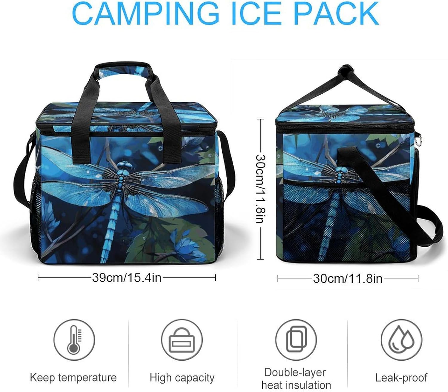 Insulated Picnic Backpack Tote Bag, Large Capacity 30L Art Blue Dragonfly Cooler Bag Leakproof Beach Bags Portable Lunch Box Waterproof Picnic Basket for Beach Camping BBQ