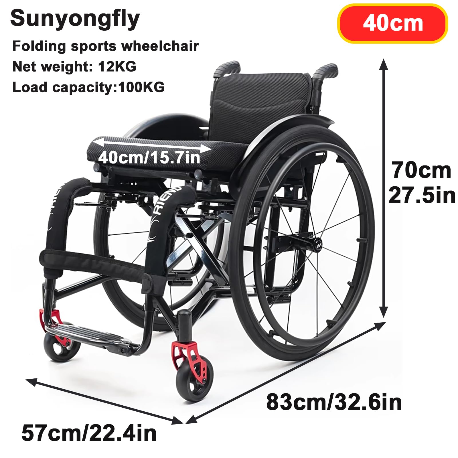 Sportowy Składany Wózek Inwalidzki, Lekki Wytrzymały Wózek Inwalidzki, Aluminiowy Wózek Inwalidzki, Składany Wózek Inwalidzki Dla Dorosłych W Każdym Terenie/Blue/Seat Width 40Cm