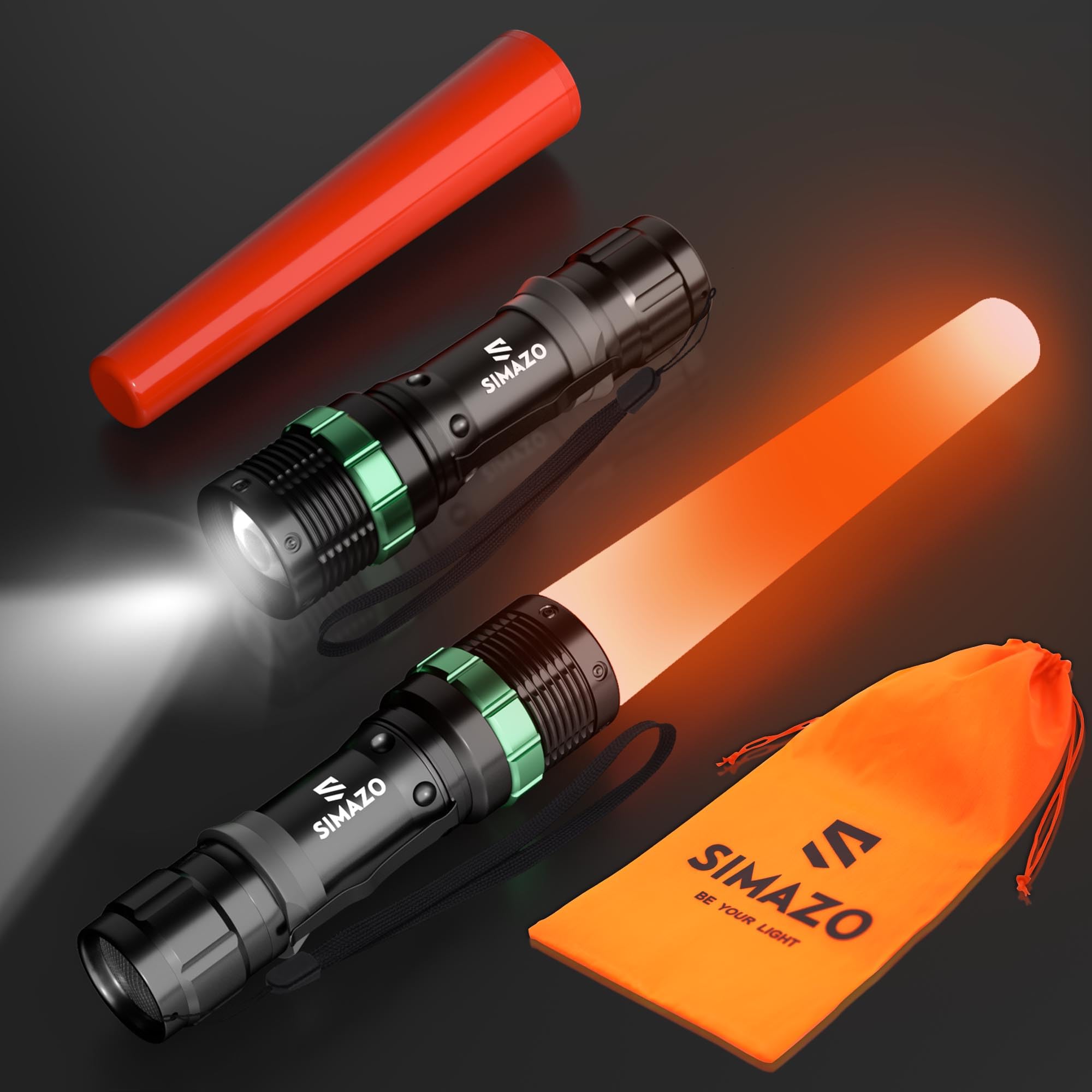 2 Pack 11 Inch Traffic Wand with Storage Bag & Whistle, Signal Led Flashlight Wand with 5 Flashing Modes, 250 Lumens Traffic Safety Baton, Air Marshaling Wand for Airport, Car Directing