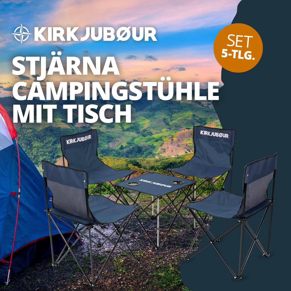Kirkjubøur® Stjärna 5-częściowy zestaw krzeseł kempingowych ze stołem, wodoodporne meble kempingowe, zestaw na festiwale, do namiotu, wędkowania (granatowy)