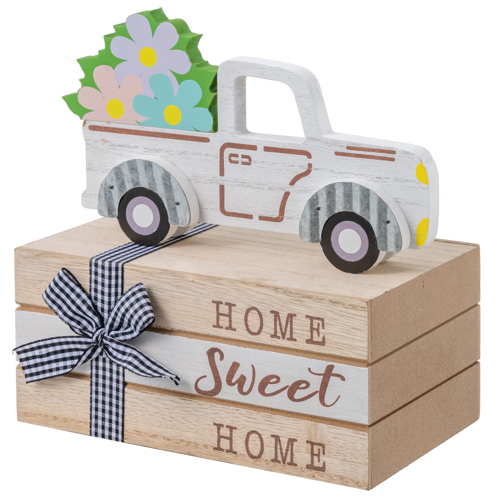 DECSPAS Spring Decor, Wood White Car and Book Blocks Spring Decorations for Home, Spring Flowers Ornaments Farmhouse Table Decor, HOME Sweet HOME Sign Rustic Spring Home Decor for Living Room, Mantle, Dining Table