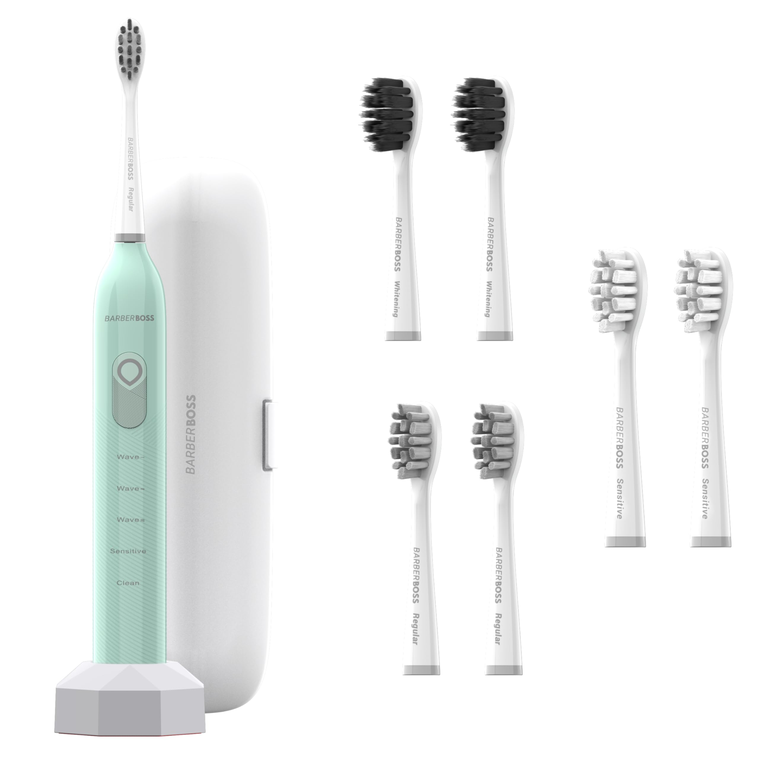 BarberBoss Sonic Electric Toothbrush, Adjustable Wave Angles, 5 Brushing Modes, 6 Brush Heads, Travel Case, Portable and Whitening Electric Tooth Brush for Adults