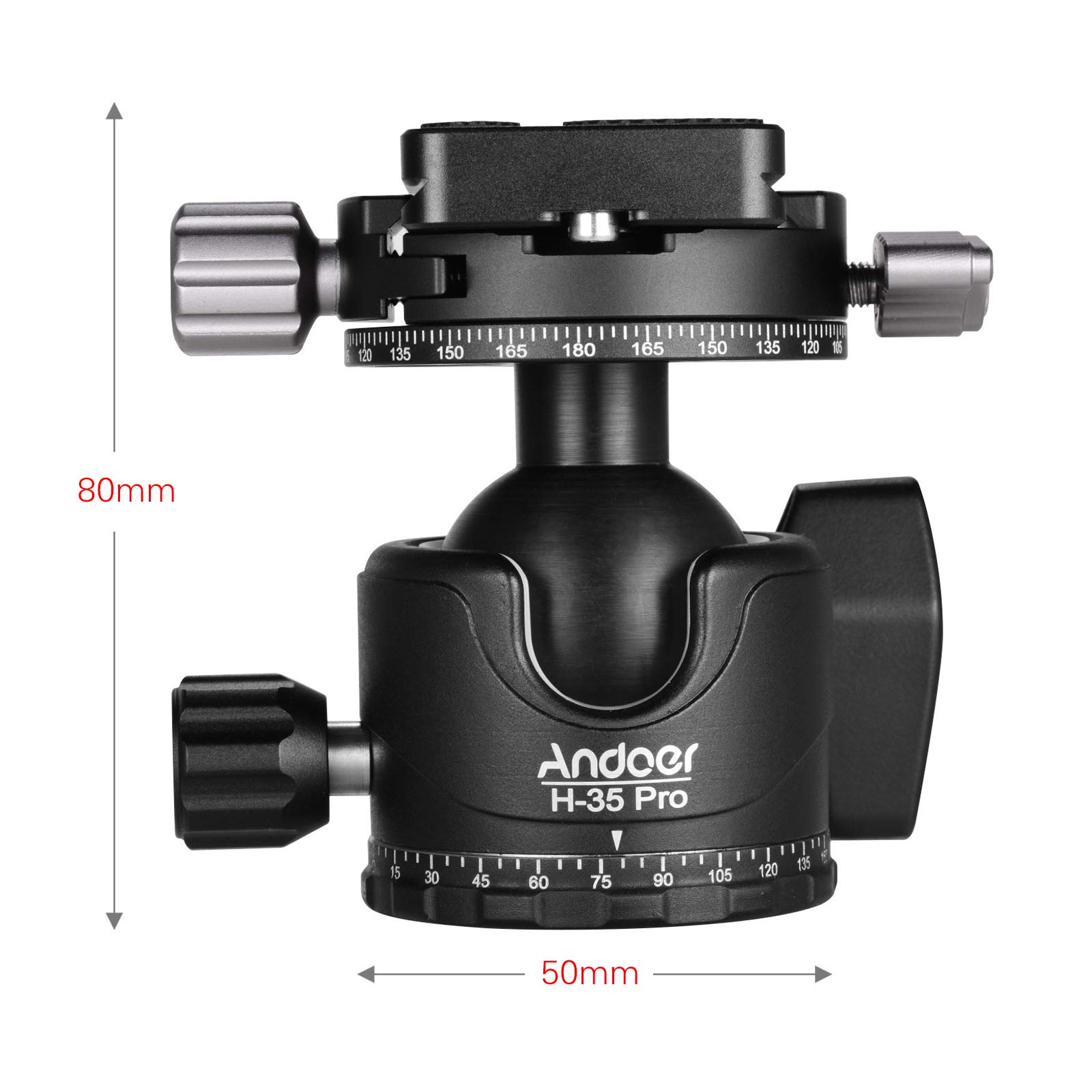 Andoer H-35 Pro Panorama Ballhead Testa a sfera Adattatore per treppiede Centro a bassa gravità con doppia scala panoramica Scanalatura a U Lega di alluminio Max. Capacità di carico di 15 kg