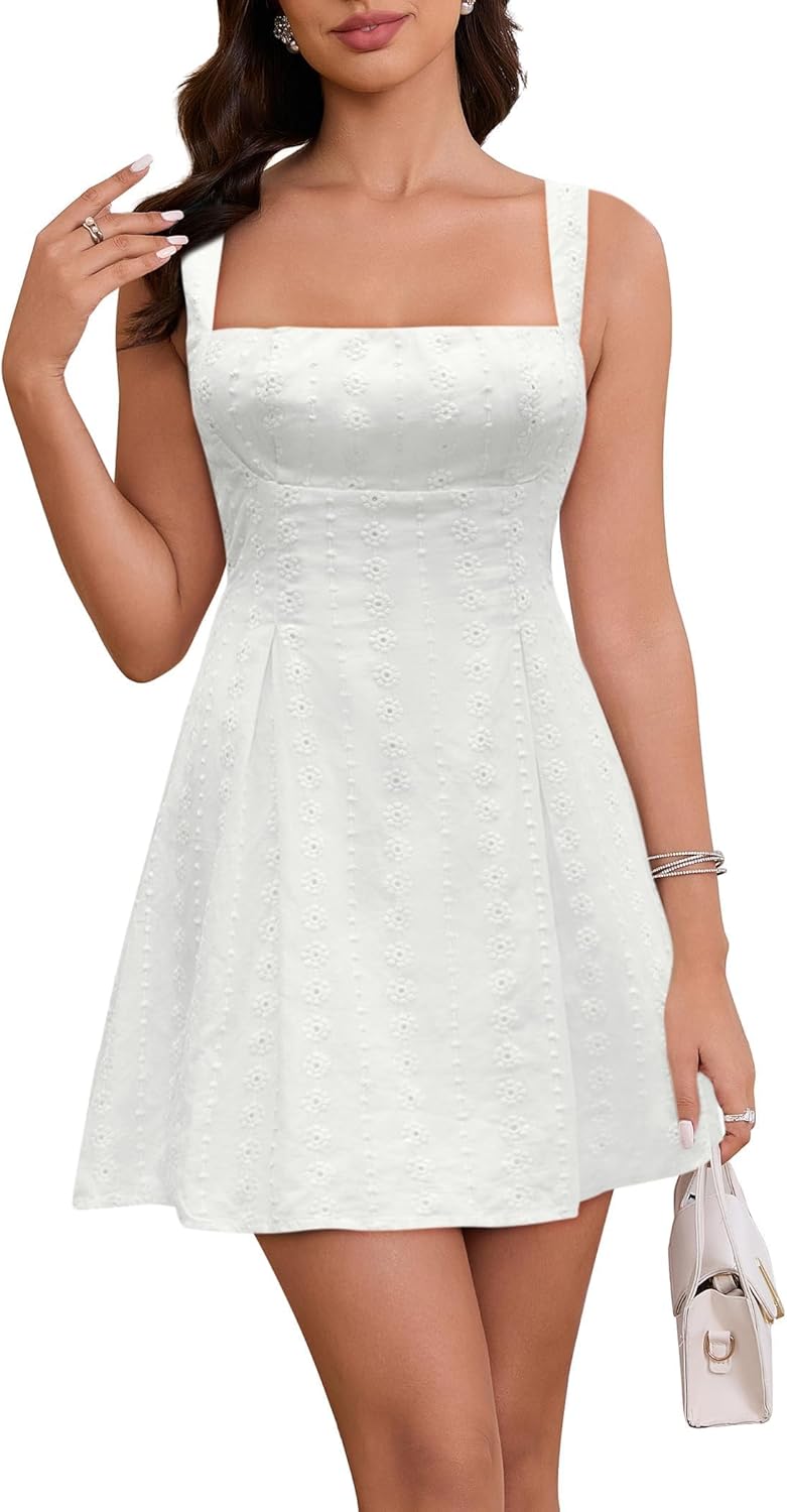 ZTMZA Women's Square Neck Mini Dress Sexy Backless Bow Tie Sleeveless Flare Dress Summer Short Party Dresses