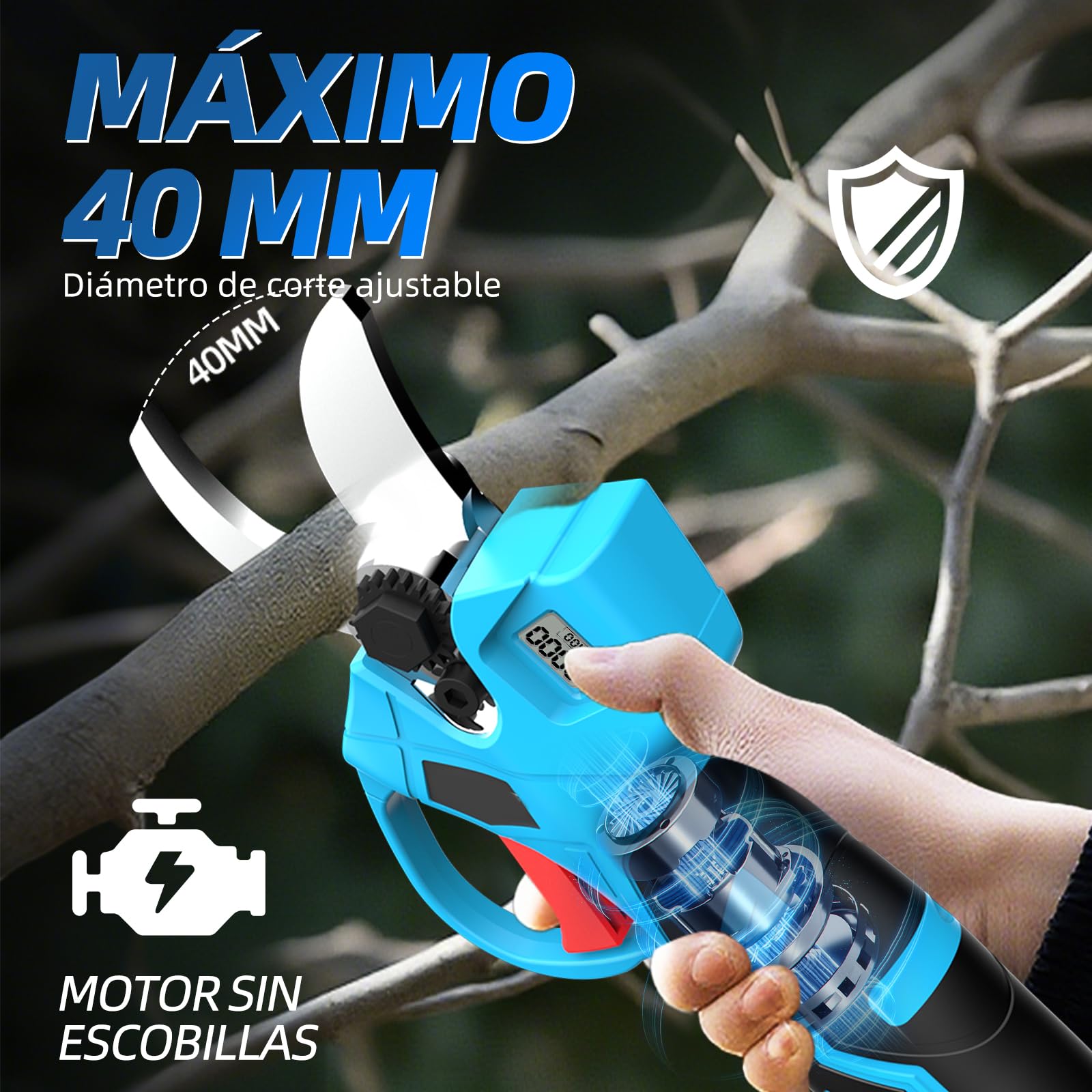 4 en 1 Podador de altura a batería Mini motosierra de 15 cm (6″) con telescópico (2,5 m) + Tijera eléctrica de 35 mm, incl. 2 baterías 21V – perfecto para cuidado de árboles y poda de ramas
