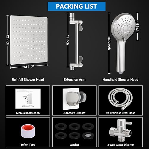 Miniatura 6 de HGN Combo de cabezal de ducha de lluvia de alta presión de 12 pulgadas con brazo de ducha de extensión de 11 pulgadas, rociador de ducha de mano