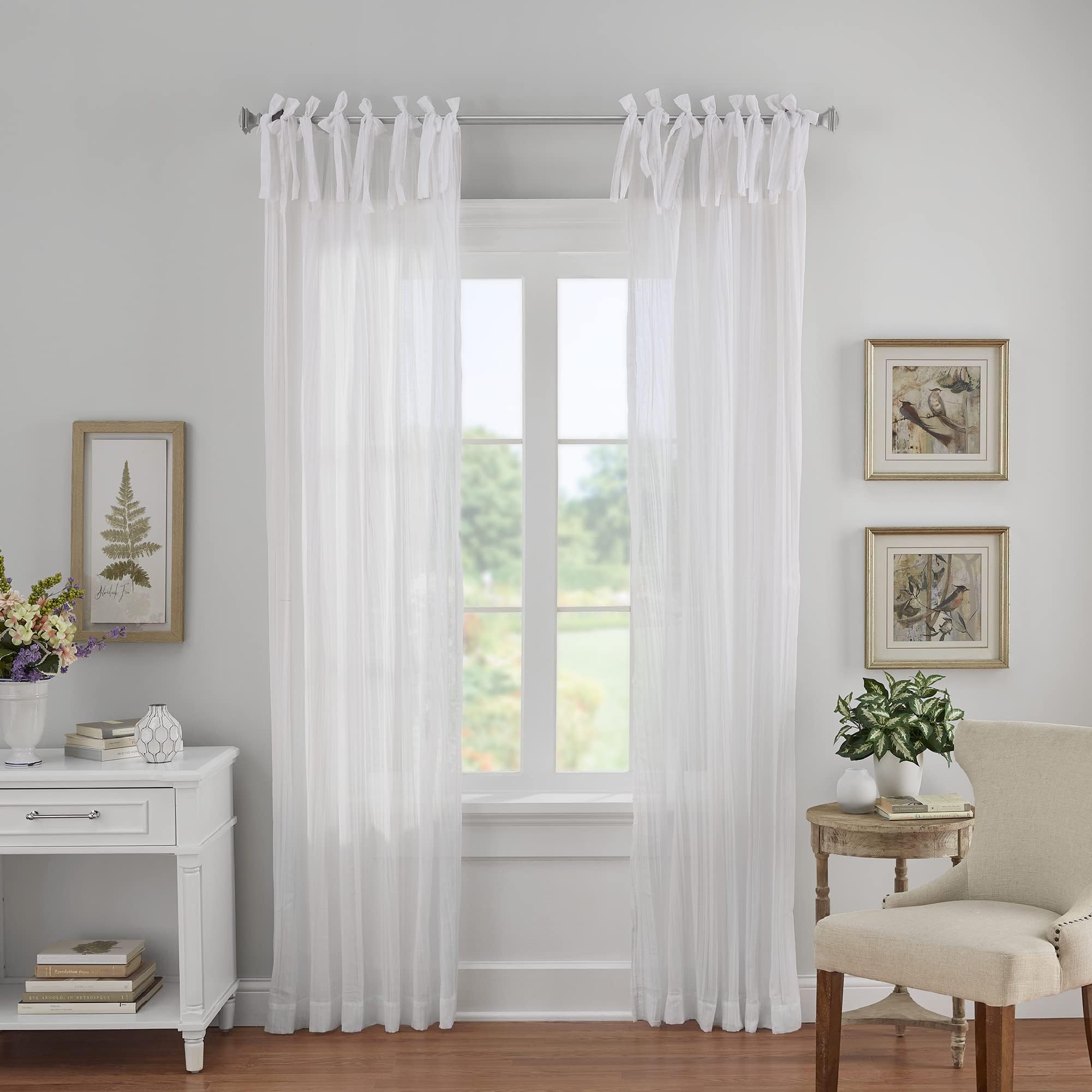 Home Fashions Crushed Semi-Sheer Adjustable Tie Top Single Panel Window Curtain Drape, 52" X 108" (1, White