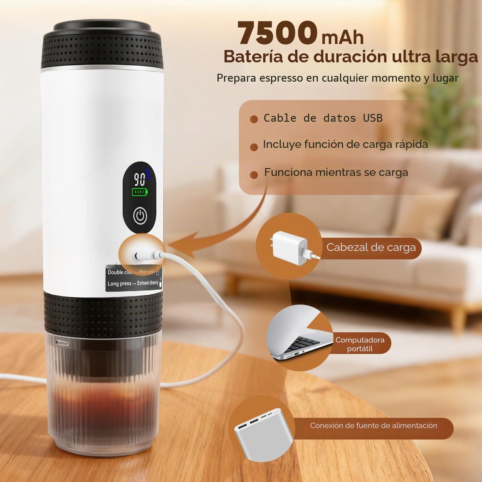 Minicafetera portátil 3 en 1 con batería - Cafetera espresso para coche USB-C - Compatible con cápsulas y café molido - Ideal para camping, autocaravanas y regalos de viaje, color blanco