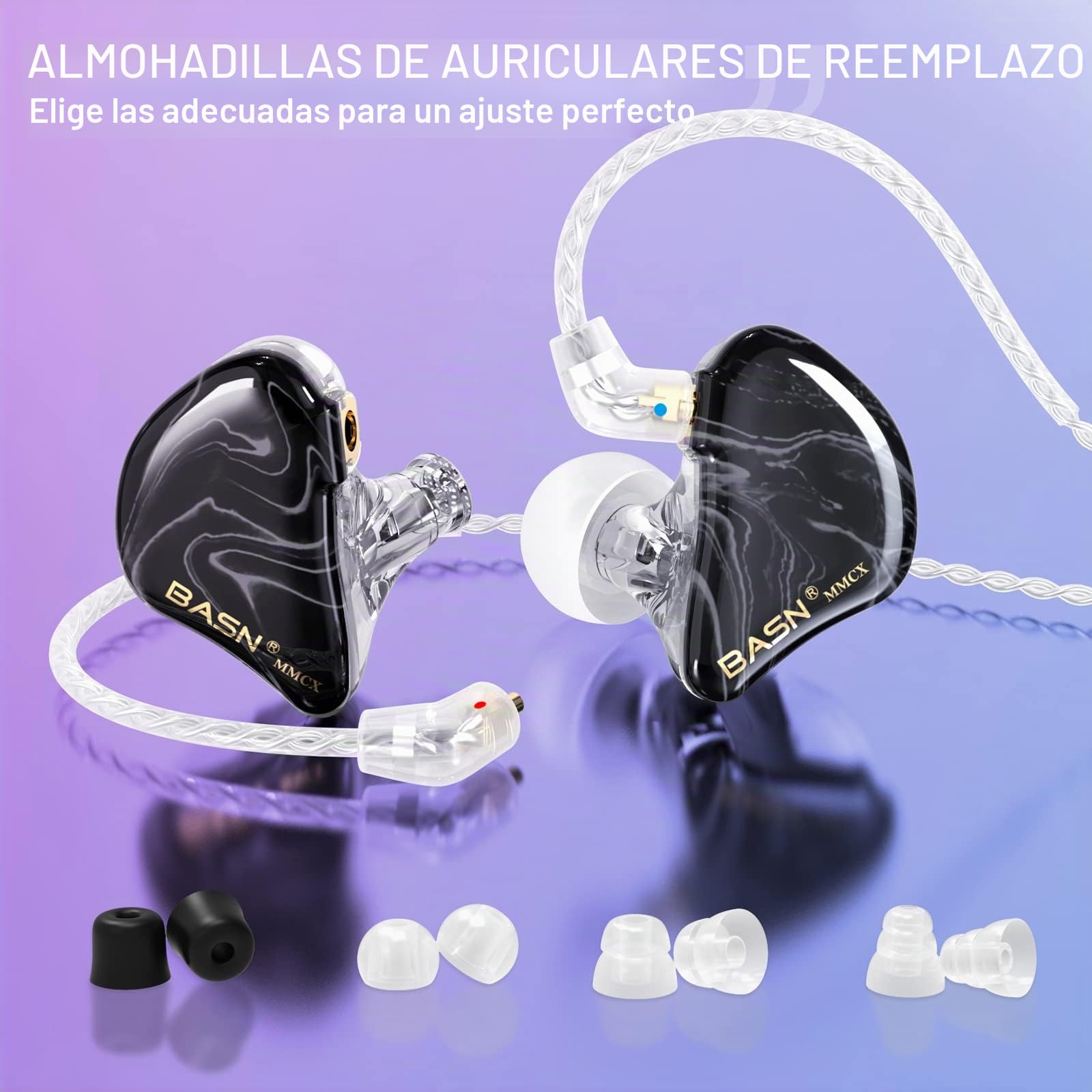 BASN MMCX Monitores intrauditivos triples bajos ricos, auriculares HiFi estéreo IEM cables extraíbles mejorados para audiófilos músicos (porcelana negra)