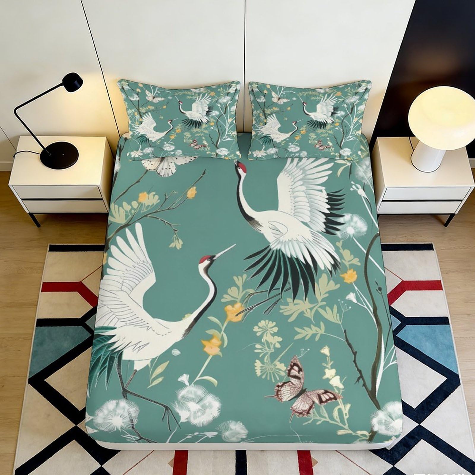 3D Printed Crane Floral Fitted Sheet Microfiber Elastic Hem Bedroom Bedding Decor Crane Floral Mattress Fitted Cover Non-Slip Deep Pocket Washable 140x200x25cm