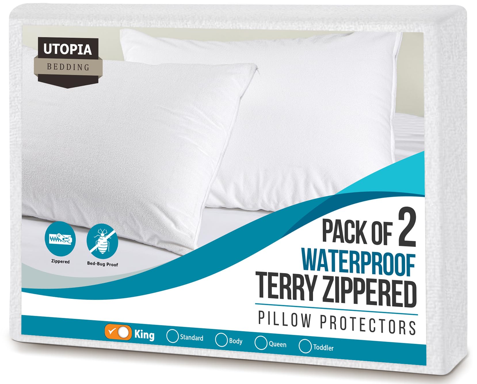 Utopia Bedding Set of 2 Waterproof Pillow Protectors with Zipper King Size, Terry Pillow Covers, Bed Bug and Dust Mite Proof Pillow Cases
