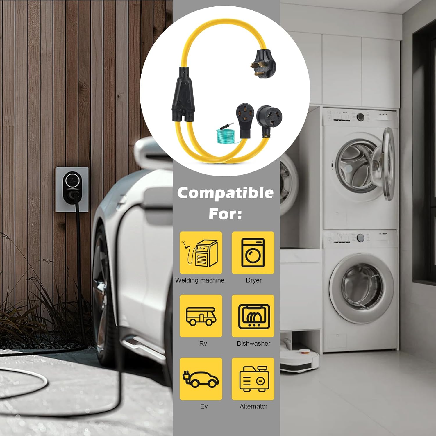 NEMA 10-30P to 14-50R 10-30R Y Splitter Cord Adapter with Safety Ground Wire, ZDHQLHJ 30Amp 10-30 Male Plug to 10-30 Dryer Receptacle & 14-50 RV EV Charging Female Receptacle with Ground Wire, 10 AWG