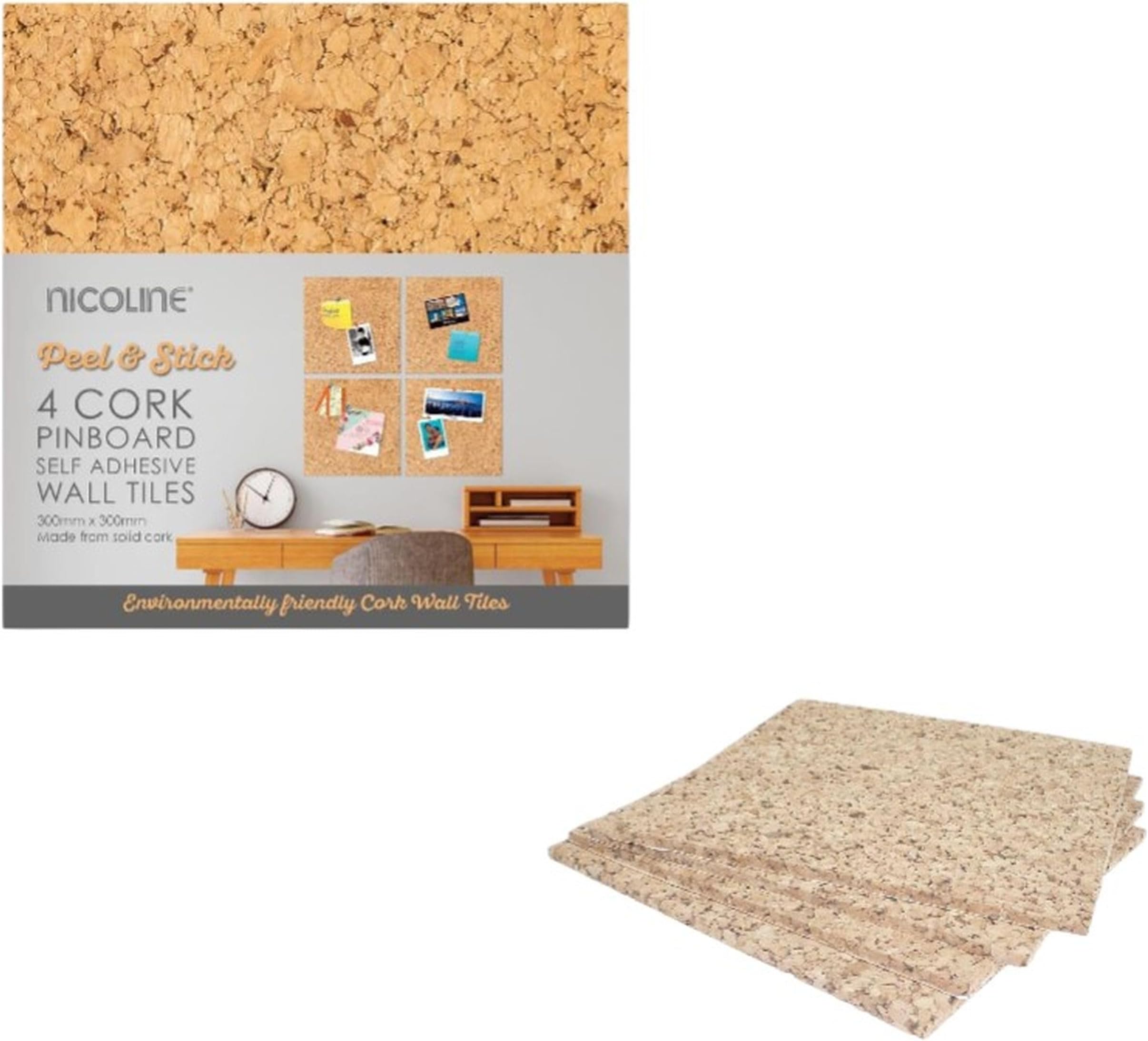 Nicoline PB-SA/W Self Adhesive Cork Pin Board Tiles - Noticeboard Messages - 4 Pack, Light Brown, 30 x 30 centimetres