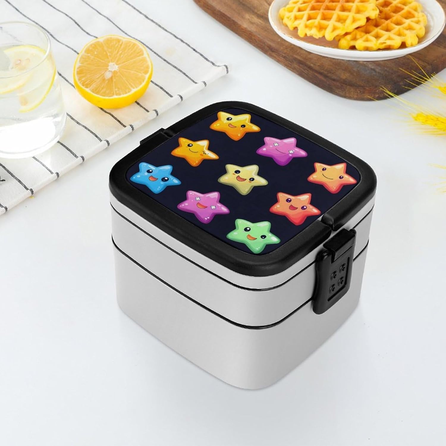 Colorful Stars Bento Box with Spoon 2 Layer Food Container Cute Lunch Box for Travel Dining Work