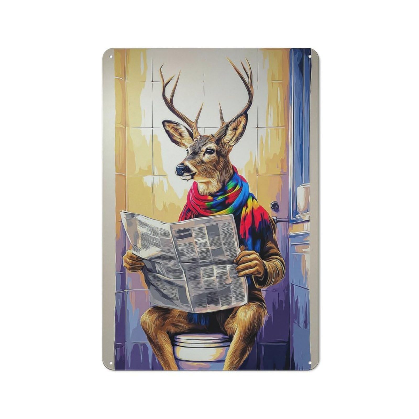 Junmoney Deer Reading Newspaper In Bathroom Metal Wall Sign 30X20cm Featuring For Bar Or Restaurant, For Themed Interiors In Bars And Restaurants