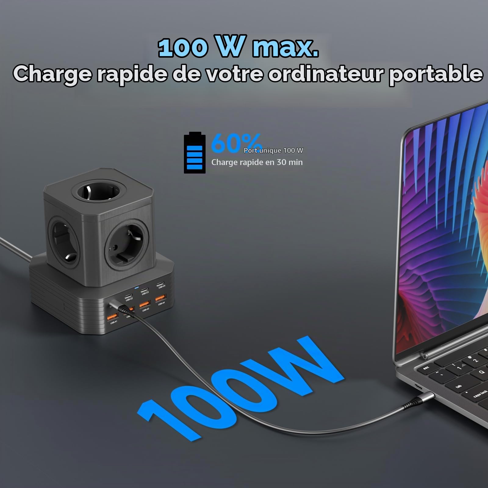 100W Multiprise USB Cube, 13 en 1 Rallonge Electrique 2M Câble avec 8 Ports USB Charge Rapide 100W PD3.0, 5 Prises AC (4000W/16A) Bloc Multiprise avec Interrupteur Rallonge Multiprise pour Bureau,Noir
