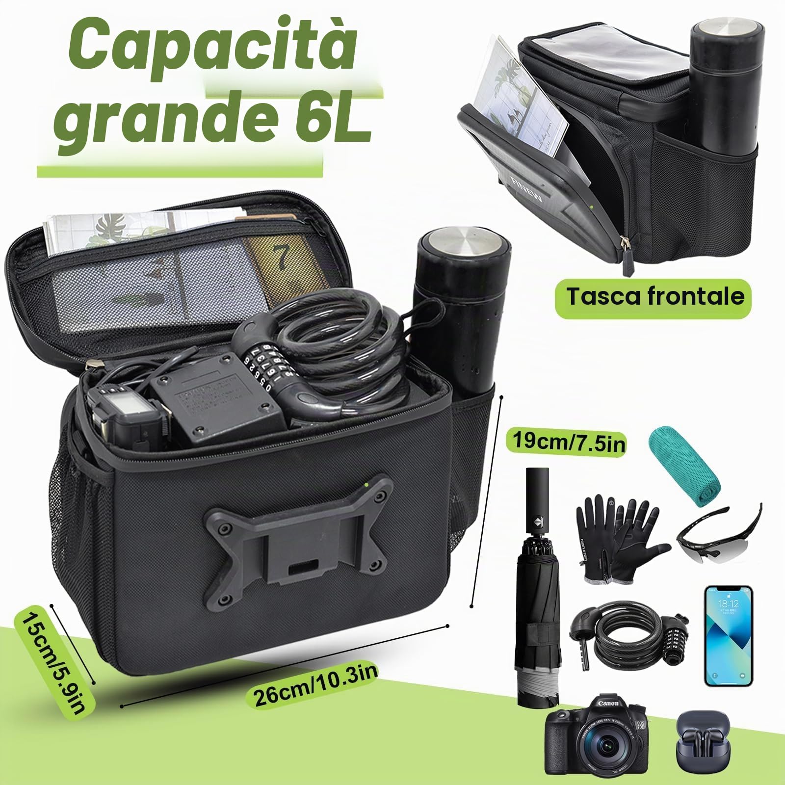 FINEW Borsa da manubrio per bicicletta con adattatore elettrico, 6 l, impermeabile, supporto cellulare, touchscreen, tracolla rimovibile, parapioggia