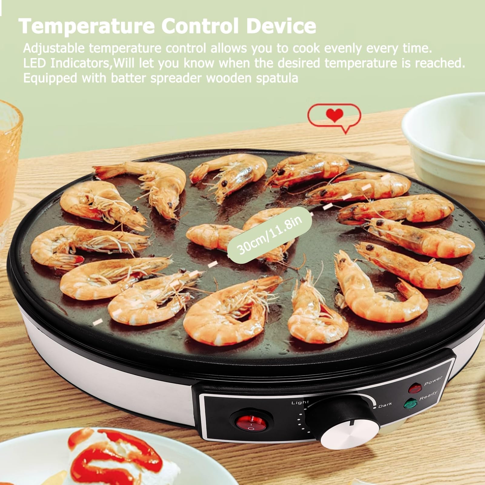 ZIZEV Electric Crepe Maker Machine, 11.8 Inch with LED Indicators, Adjustable Temperature Control, Anti Stick Crepe Pan with Batter Spreader Spatula for Home and Commercial Use (US