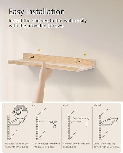 Miniatura 8 de MBYD Estantes flotantes de 16 pulgadas de madera natural soporte de pared para repisa de madera estante de pared para dormitorio sala de estar