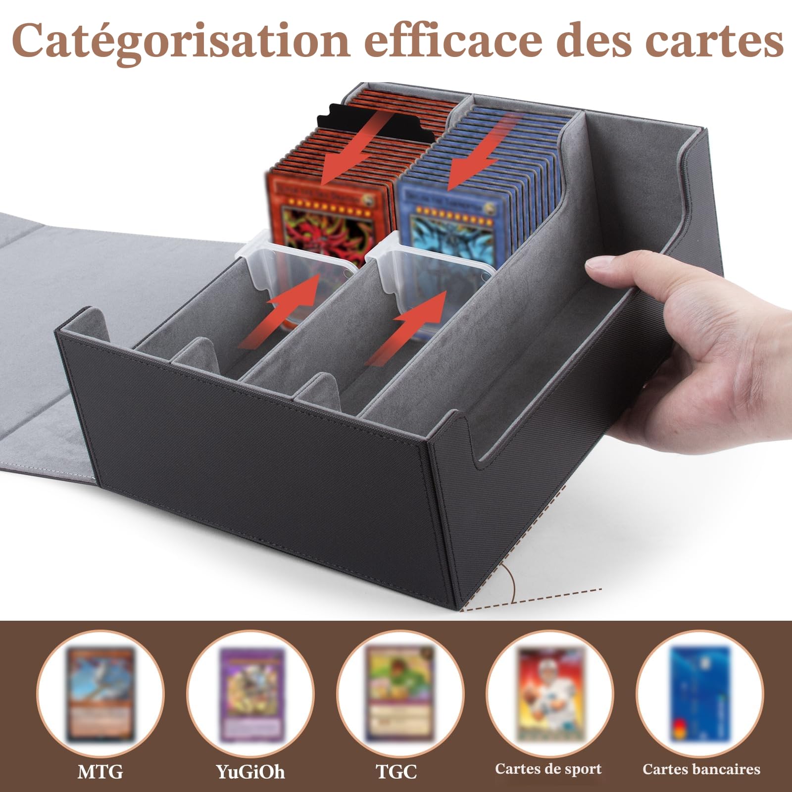 ECOSEAO Boîte à Cartes Pour MTG, Boîte de Rangement Cartes Magnétique, Magnetic Deck Box en Cuir pour Plus de 1800 Cartes, Boîte de Rangement pour Carte à Collectionner pour TCG Carte(Noir-gris)