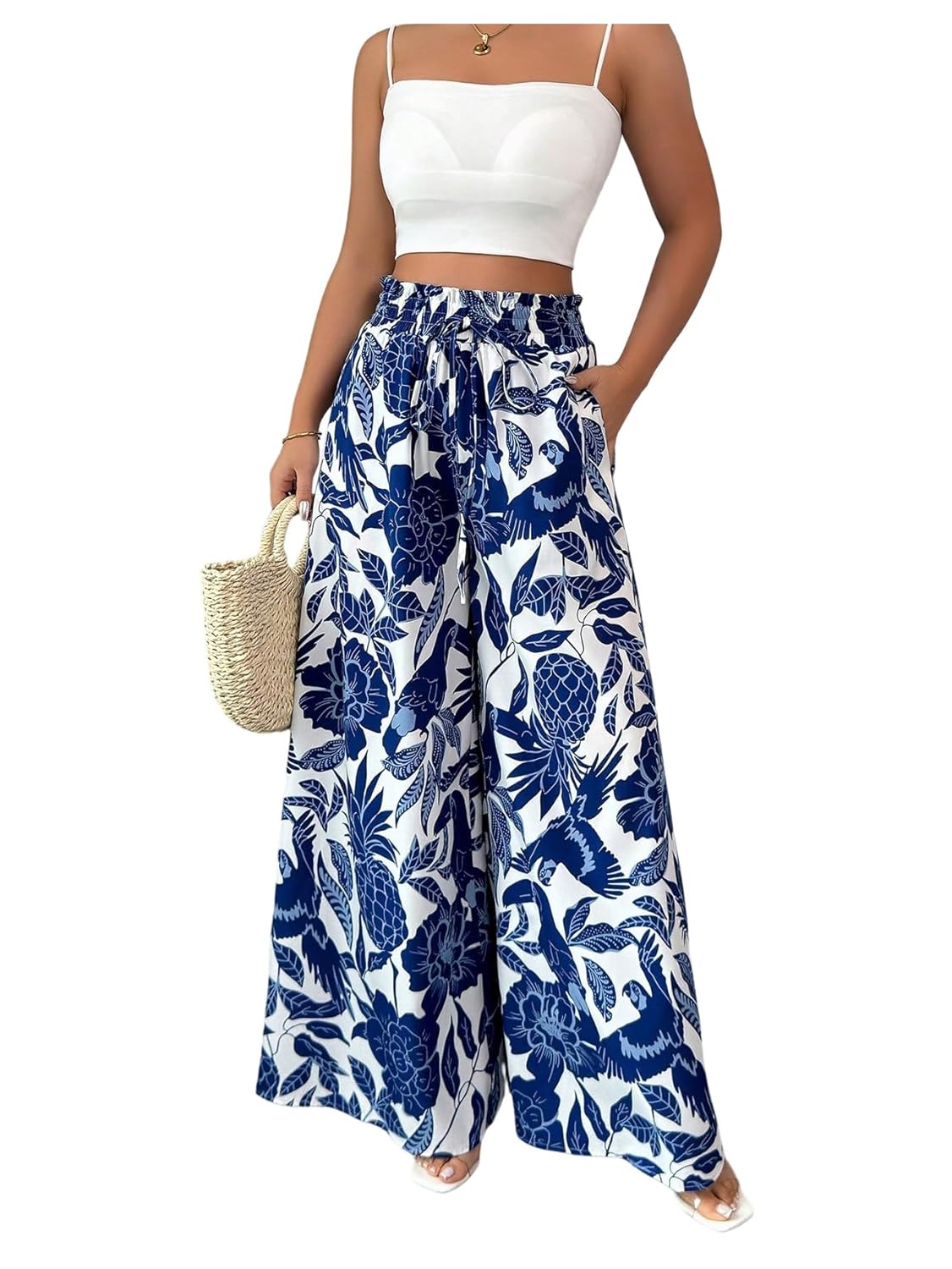Womens Tropical Palazzo Pants Boho Elastic Waist Wide Leg Loose Trousers with Pockets