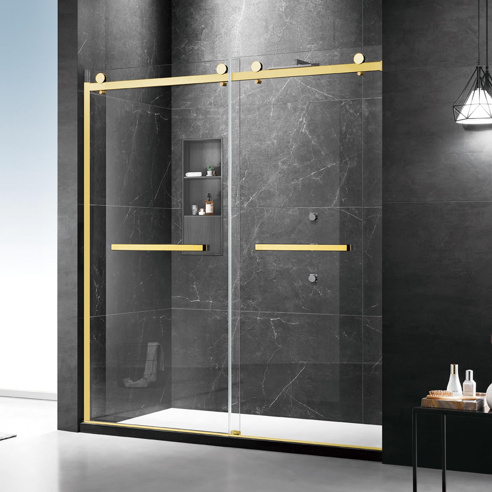 Milano Double Sliding Shower Door, 54 in.W x 74 in.H Framed Shower Door 5/16"(8mm) Clear Tempered Glass, 18 inch Pull Handle, Stainless Steel Hardware, Brushed Gold Finished