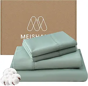 MEISHANG 1000 Thread Count Egyptian Cotton Sheets Queen - 100% Egyptian Cotton Sheet Set, Sateen Weave, Soft & Breathable, 16" Deep Pockets - 4 Piece (Queen, Sage Green)