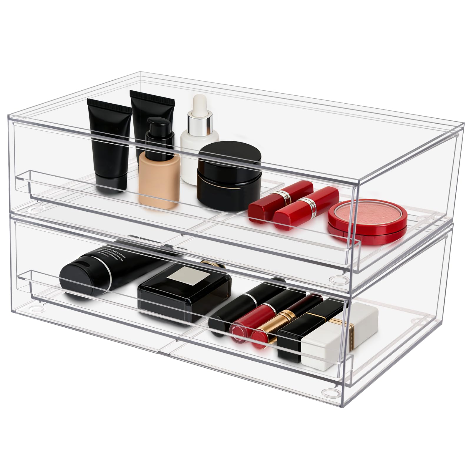 Clear Stackable Storage Drawers,2 Pack Plastic Organizers Bins for Makeup Organizer,Bathroom Makeup Organizer for Palettes,Cosmetic, and Beauty Supplies,Ideal for Vanity, Cabinet,Desk Organization