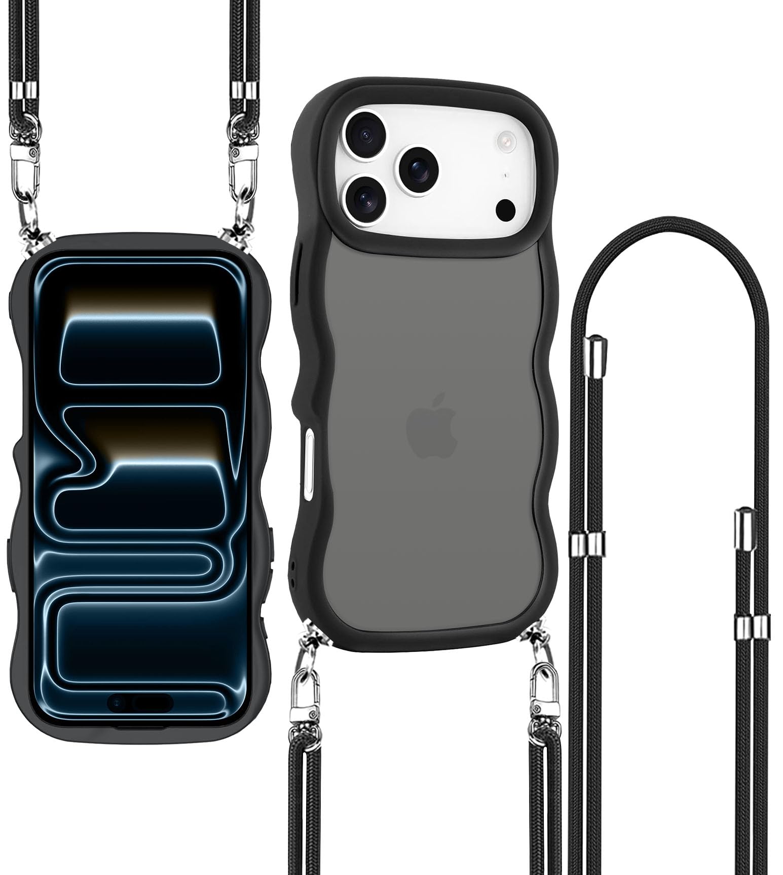 ATUSIDUN iPhone 17 Pro 用 ケース ショルダー 半クリア いphone17 pro カバー 肩掛け 斜めかけ 首かけ 縄掛けケース 耐衝撃 半透明 波型 うねうね かわいい 韓国 アイフォン 17Pro スマホケース ストラップ付き ネックストラップ 取り外し可能 調節可能な ウェーブカバー (ブラック)