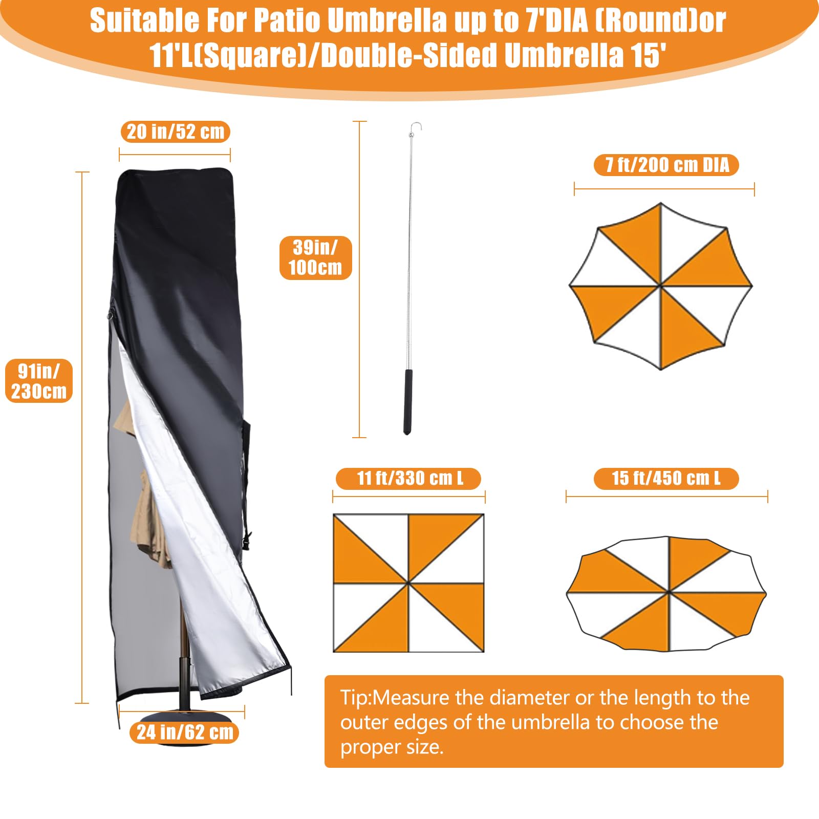Parasol Umbrella Cover Waterproof for 210 cm/330 cm Cantilever/Offset Market Umbrella,Outdoor Protective Cover for 450 cm Double Parasol,420D Zipper,Top Vent(230 x 52 x 62 cm) - Image 4