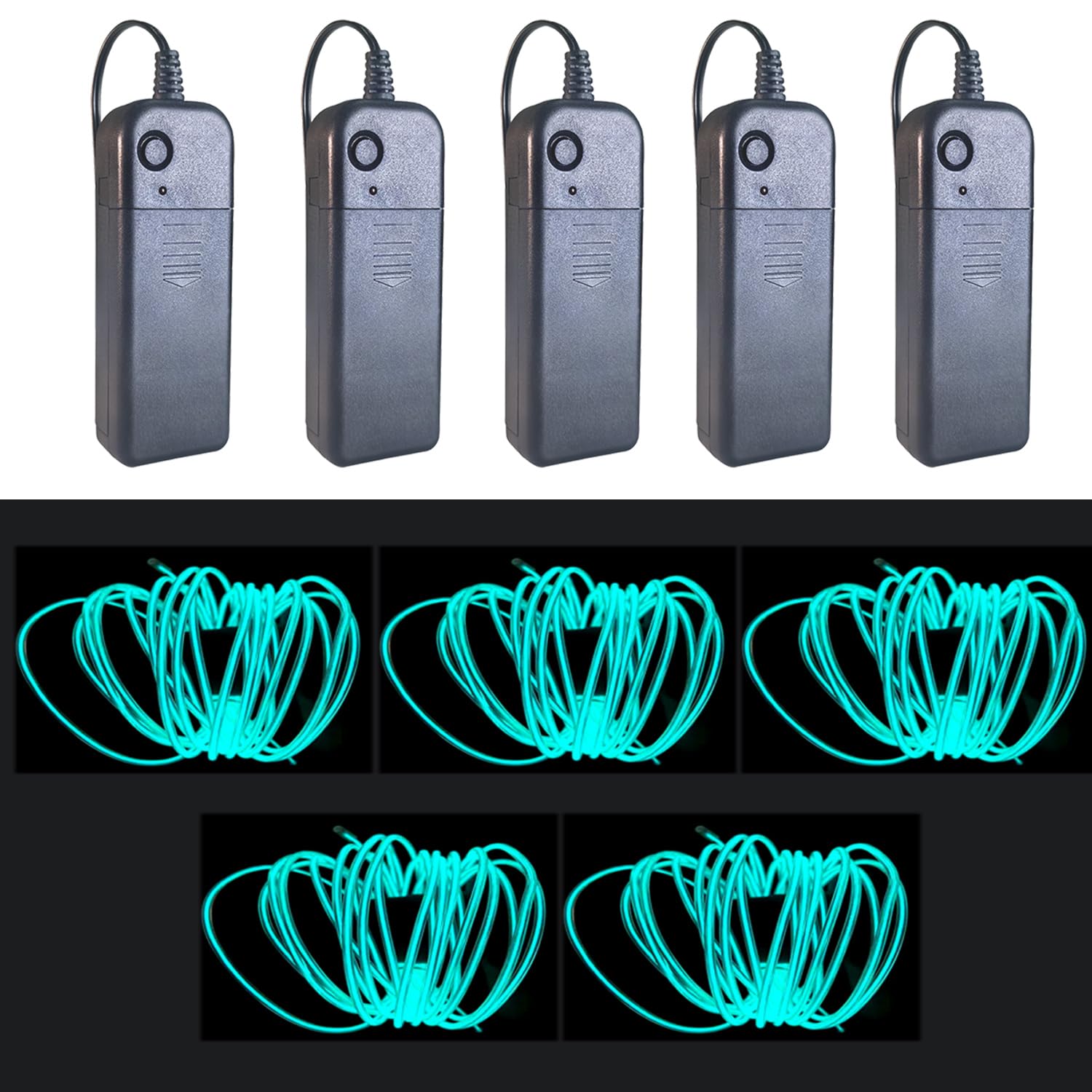 Gcidto EL Wire 5-Colour Pack, 9ft（2.75m） Neon Light Wire 5‑Pack with Noise Reduction & Controller Pack for Halloween Décor & DIY.(ice Blue)